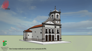 Desenho em 3D da Igreja em perspectiva vista do ângulo esquerdo