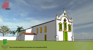 Desenho em 3D da Igreja vista em perspectiva do ângulo esquerdo
