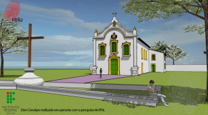 Desenho em 3D da Igreja vista em perspectiva do ângulo direito