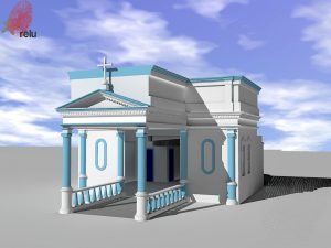 Desenho em 3D da Capela Cemitério São José vista do ângulo direito