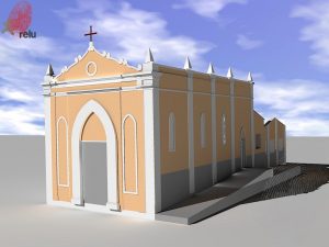 Desenho em 3D da igreja vista do ângulo direito