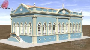 Desenho em 3D da Antiga Escola Modelo feita no computador vista pelo ângulo esquerdo