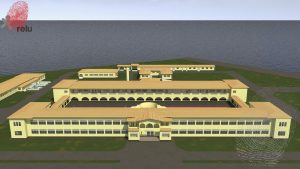 Desenho em 3D da Escola vista de cima, de frente