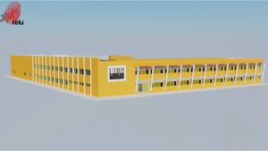 Desenho em 3D da faculdade vista de longe, do ângulo esquerdo
