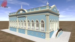 Desenho em 3D da Escola Modelo feita no computador e vista do ângulo direito