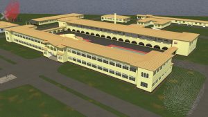 Desenho em 3D da Escola vista de cima, do ângulo direito