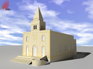 Desenho em 3D da Igreja Santa Terezinha vista do ângulo direito