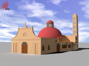 Desenho em 3D da igreja vista do ângulo direito