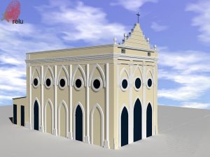 Desenho em 3D da capela vista do ângulo esquerdo