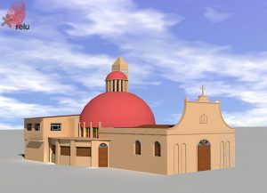 Desenho em 3D da igreja vista do ângulo esquerdo