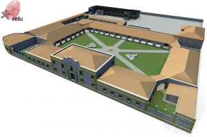 Desenho em 3D do Quartel completo visto de cima, de lado