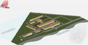 Desenho em 3D da Escola de Aprendizes Marinheiros visto de longe, mostrando a Lagoa Mundaú